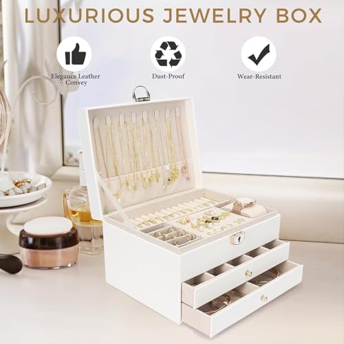 Image of Vlando 3 Layer Jewellery Organiser Box, Large PU Leather Jewelry Storage Case With Drawers, Earrings, Rings, Necklaces Holder | Luxury Jewellery Box For Women & Girls Gift (White)