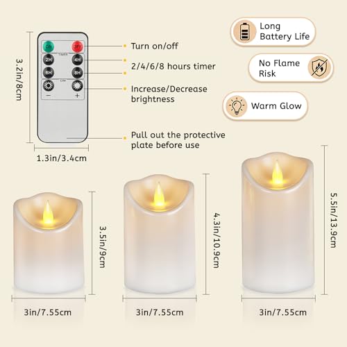 Image of Artmarry Flameless Candles Outdoor Indoor Pillars Battery Operated Flickering Candles Include 10-Key Remote Timer 400+ Hours by 2 AA Batteries (White Candle - Warm Light, 3 inch D x 4 inch|5 inch|6 inch H - 9 Pack)