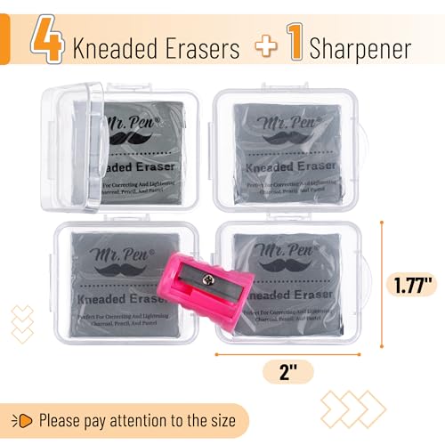 Image of Mr. Pen- Kneaded Eraser Set, 4 Pack | Gray Moldable Art Erasers with Storage Cases & Sharpener, Soft Kneadable Erasers for Charcoal, Graphite