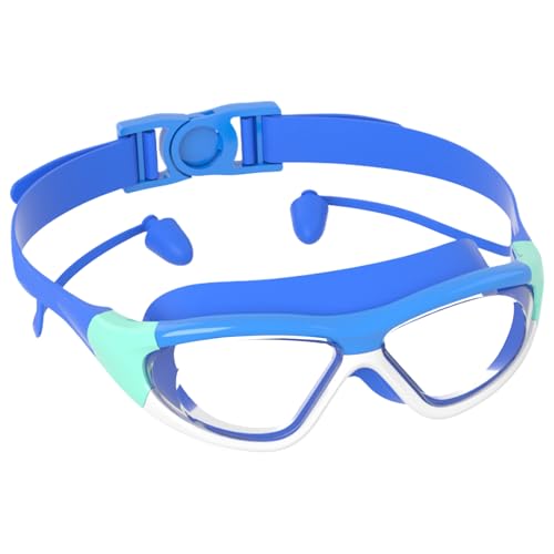 Generisch Gafas de natación para niños con tapones para los oídos y clip para la nariz, gafas de natación para niños, marco grande, resistentes al agua