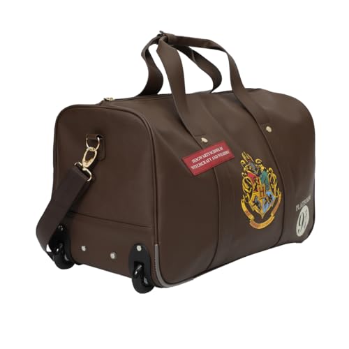 Harry Potter Rolling PU Duffle Bag - Officially Licensed Travel Luggage with Patches and Applique in Brown