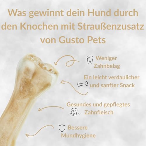 GUSTO PETS Kauknochen für Hund mit Strauß 12 cm - 100% Natürlicher Hundeknochen, leicht verdaulicher Protein-Snack, Ergänzungsfuttermittel für Hunde, ohne Zusatzstoffe, Hergestellt in der EU