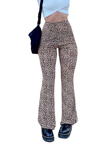 Cathery Women Leopard Print Flare Pants Bell Bottom Straight Wide Leg Trousers High Waisted Leggings Y2k Sports Yoga Jogger (Brown Leopard, M)