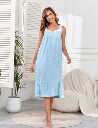 Image of Viakeo Cotton Nightgowns for Women Long House Dress Soft Sleepshirts With Pockets S-3XL