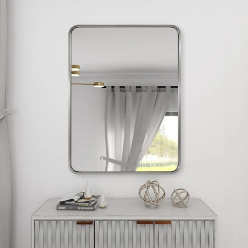Image of ANDY STAR Brushed Nickel Bathroom Mirror, 40 inchX30 inch Satin Nickel Mirror for Vanity, Rounded Rectangle Mirrors in SUS304 Anti-Rust Tube Metal Frame, Wall Mounted Horizontal /Vertical 1'' Deep