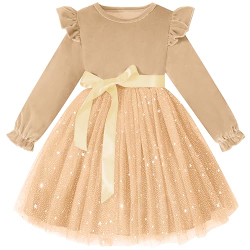 Neutocd Toddler Baby Girl Christmas Dress Long Sleeve Velvet Sequin Tulle Ruffle Winter Party Holiday Dress for Girls