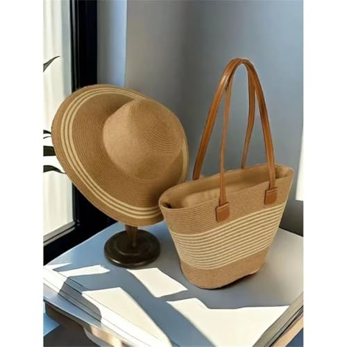 Women's Trendy Straw Woven Hat And Bag Set Wide Brim Face Slimming Tote For Travel Beach Essentials4