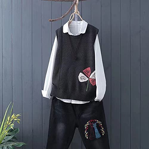 VBHJK Pull Femme sans Manche,Femmes Col Rond Gilets Tricoté Gilet Fleur Abstraite Plante Jacquard Rayé Mode Débardeur Décontracté Pull Vintage sans Manches Gilet Pull Uniforme Style Preppy, Noir, L Cover