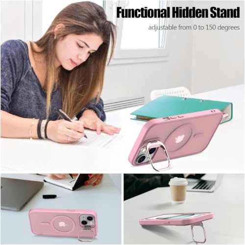 Image of Elzzi Kickstand Case for iPhone 15 Case Compatible with MagSafe, Built-in Adjustable Camera Guard Stand, Translucent Matte Anti-Fingerprint Heavy Duty Shockproof Phone Cover - Pink