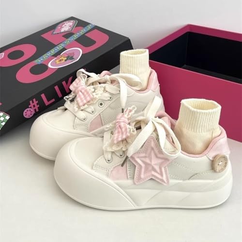 Kawaii Cute Starry Y2K Aesthetic Platform Sneakers for Girls - Thick Sole with Butterfly Bowknots and Star Details, Y2K Retro Pretty Pastel Design in Blue & Pink, Perfect for Student Travel2