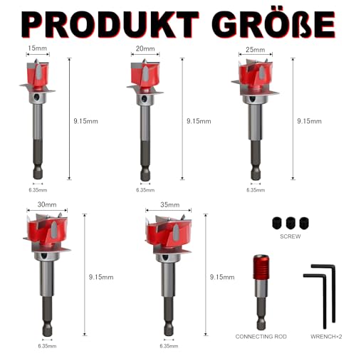 Forstnerbohrer Set 8-teilig, Ø15/20/25/30/35mm mit einstellbarem Tiefenanschlag, 6.35mm Sechskant-Schaft, für präzise Flachbodenlöcher, inkl. Box und Zubehör