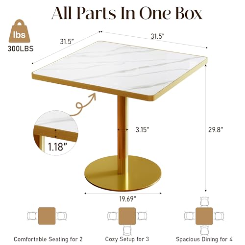 Image of 63 inch Square Dining Table, Tulip Table with 1.2 inch Thick Sintered Stone Tabletop and Golden Metal Pedestal Base, Small Square Dining Tables for Diner,Bar,Restaurant,kitchen,Bakery,Apartment (Marble White)