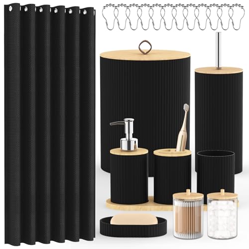 PLIOW Bathroom Accessories Set - 22PCS Black Bathroom Set with Shower Curtain,Trash Can,Toilet Brush Holder Set & Soap Dispenser – Stylish & Functional Bath Decor for Home, Apartment