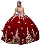 Youjiayi Princess Off Shoulder Quinceanera Dresses Plus Size Burgundy Velvet Ball Gowns for Vestido de 15 años Luxury 3D Floral Prom Dress with Train Size 18