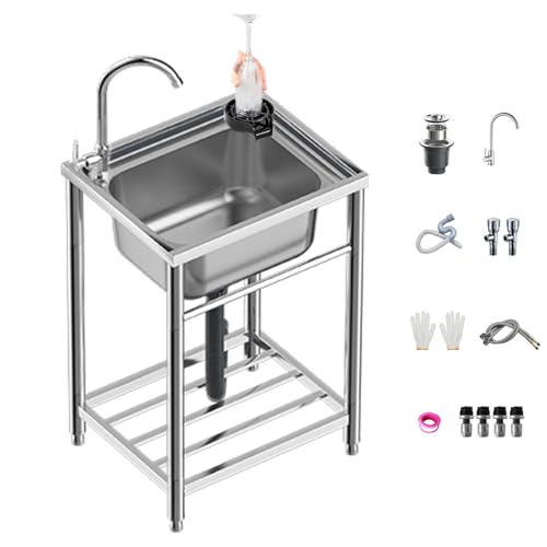 SdaryWare Fregadero Independiente de Acero Inoxidable para Uso General, Cocina Exterior, jardín, lavadero de una Sola canaleta con Grifo de Drenaje para Garaje, restauran,55 * 44 * 80cm
