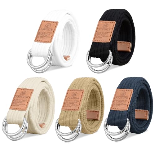 OT-NVWOZR 5 Stück Leinwand Gürtel für Damen Herren, Verstellbarer Stoffgürtel Arbeitsgürtel mit Doppelringschnalle, Nylon Canvas Belt Herrengürtel Elastischer Lässiger Gurtband - 120cm