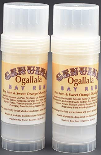 Two (2) Genuine Ogallala Bay Rum Rum and Sweet Orange Shaving Sticks. This is a Version of Our Popular Genuine Ogallala Bay Rum Shaving Soap in Shaving Stick Form.