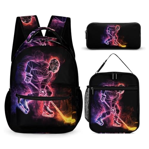 Hockey Backpack with Lunch Box & Pencil Case, 16 Inch Cool Hockey Ball Themed Bookbag, Adjustable Lightweight Large Capacity, Colorful Daily Casual Backpacks Set with Lunch Bag