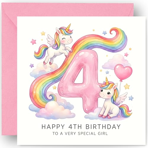 4th Birthday Card for Girls - Four Today 4 Years Old Rainbow Unicorns Design - Happy Fourth Birthday Card for Granddaughter Niece Daughter - Includes Pink Envelope 14cm