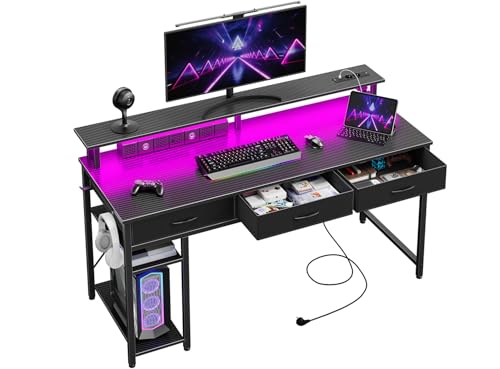 Seventable Schreibtisch mit Schubladen, Computertisch mit Steckdosen & LED, Gaming Tisch mit Monitorständer, Regal & 2 Haken, Gaming Schreibtisch für Büro, Wohnzimmer (Schwarz, 137 cm)
