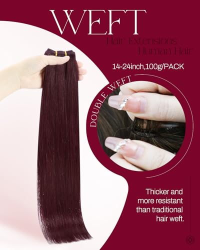 Image of Moresoo Sew in Hair Extensions Human Hair, Burgundy Red, 18 Inch 100g | Crafted from Remy human hair for flexible blending, ideal for parties, date nights and soft defined curl styling