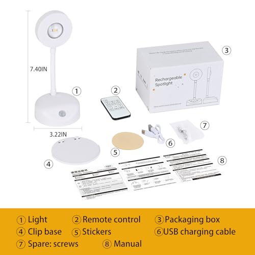 Image of XPESUVC Motion Sensor Wall Light Rechargeable LED Spotlight Flexible Rotate Bedside Reading Lamps with 3 Color Temperature for Picture, Mirror, Hallway (White, 1 Pack(with Remote Control))