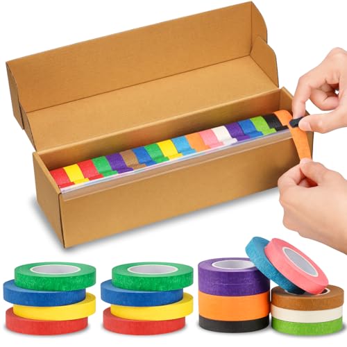 XUWAIDSGN 18 Pcs 12 Colored Painters Tape Rolls - 1/2" x 22 Yards - Colored Masking Tape with Dispenser - Rainbow Paper Tape for Art, DIY, Craft, Labeling
