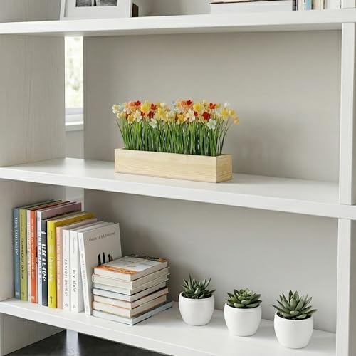 Image of Dekorly Artificial Grass Lily Arrangement with Wooden Planter (24 CM) | Premium Realistic Floral Decor for Table & Living Room | Stylish Indoor Decor for Living Room