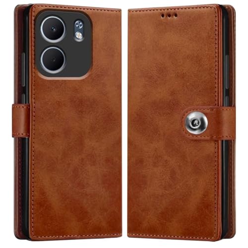Image of Genuine Leather Inside Back TPU Wallet Button | Magnetic Stand Dual Layer Flip Cover for Compatible Model with Oppo CPH2733 / A5x 5G - Brown