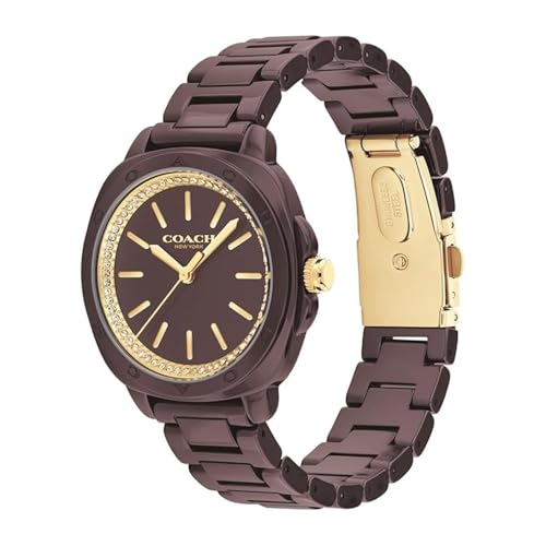 Image of Coach Kitt Qtz Basic Brown Tonneau Dial Women's Watch|Dark Brown Ceramic Material|Brown Color Band - 14504403