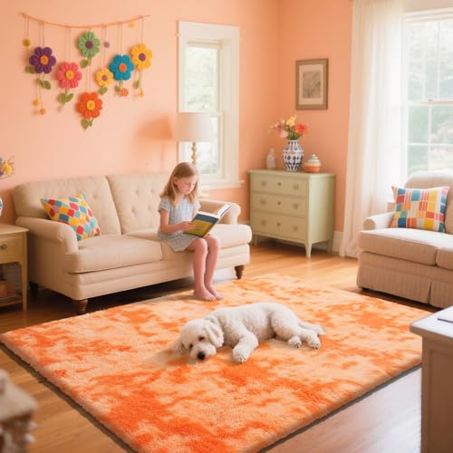 Mottling Orange Fluffy Rug Shaggy Area Rug, 8x10 Area Rugs for Girls Bedroom, Big Soft Shaggy Bedside Non-Slip Plush Dorm Nursery Kids Carpet Home Decor Aesthetic