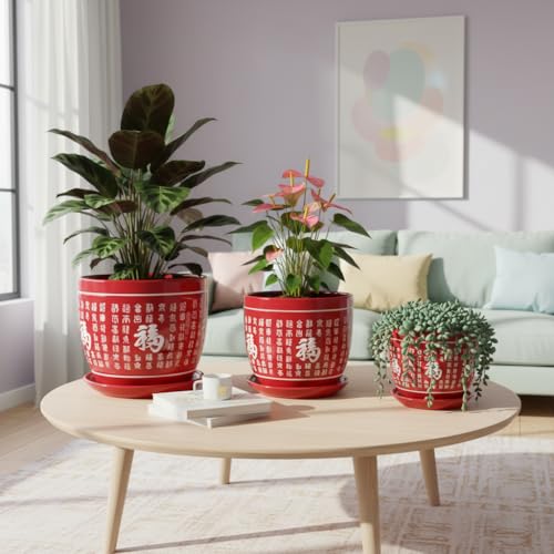 Image of Xtore Heritage Ceramic Planter Set with Drainage Trays | Oriental Pattern Plant Pots for Home, Balcony & Living Room Decor - (Set of 3, Red, Planter ONLY)