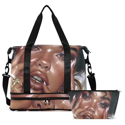 ALAZA Sports Duffel Bags with Toiletry Bag Set,African American Women Travel Duffel Bags Multi Pockets Weekend Bag