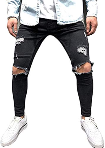 Hombre Retro Destroyed Jeans Esencial Fuerza Cremallera Elástica Lamentablemente Grieta Pantalones Casuales De La Moda De Época Pantalones De Mezclilla De Los Hombres