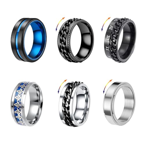 Uwiyo 6PCS Bague Hommes Femmes Acier Inoxydable, Bague Anti Stress Bague Argent Noir Bleu Tournante Chaîne Bagues Vintage Gothique Anneaux Bagues Bijoux...