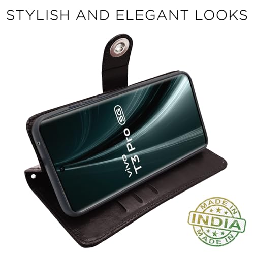 Image of Pikkme Flip Cover Leather Finish | Inside TPU with Card Pockets | Wallet Stand and Shock Proof | Complete Protection Button Flip Case for Vivo T3 Pro 5G / iQOO Z9s Pro 5G (Coffee)