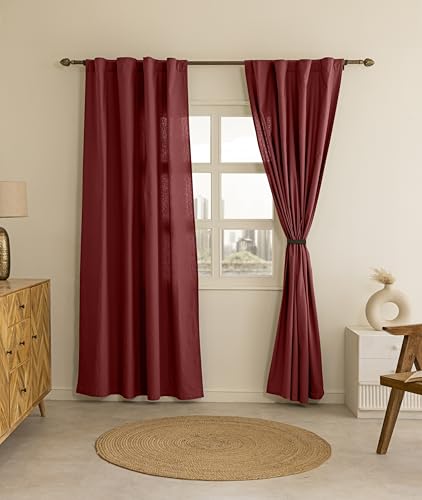 Image of THE LINEN COMPANY Solid Cotton Curtains 4 Feet for Window, Duck Canvas Short Curtains for Home, 4ft Set of 2, Maroon