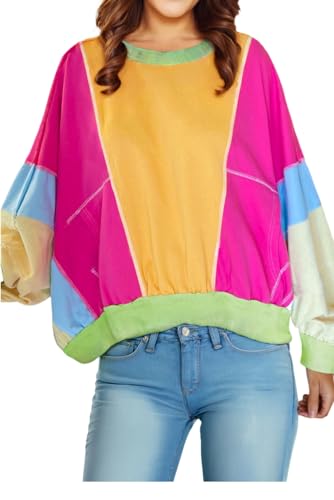 Image of KevaMolly Womens Long Sleeve Tops Colorblock Patchwork Exposed Stitching Oversize Top Round Neck Casual Pullover