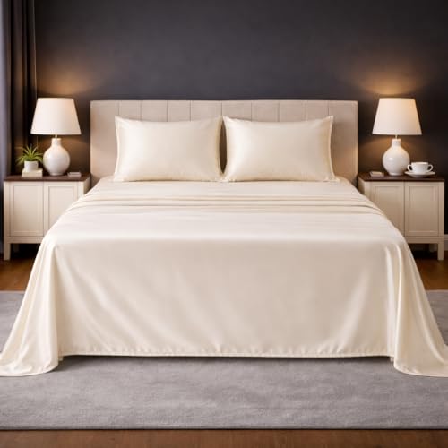 Image of LANE LINEN 100% Cotton Satin Fantasy Bedsheet Double Size - Ivory | OEKO-Tex Certified, 100% Cotton Satin Weave, Fits Double & Queen Bed, Gentle on Skin & Hair, Wrinkle-Free