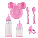 6 Pc Baby Doll Feeding Set with Two Magic Milk Bottles, Dummy, Plate, Fork & Spoon Pretend Play Doll Accessories Girls Boys Toy Playset Gift for Kids