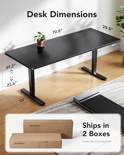 Image of HUANUO 70x30 Inch 3-Stage Legs Electric Standing Desk, Large Height Adjustable Office Desk with Brushless Motor, Stand Up Desk with 4 Memory Presets & 2 Hooks, Computer Desk for Home Office, Black