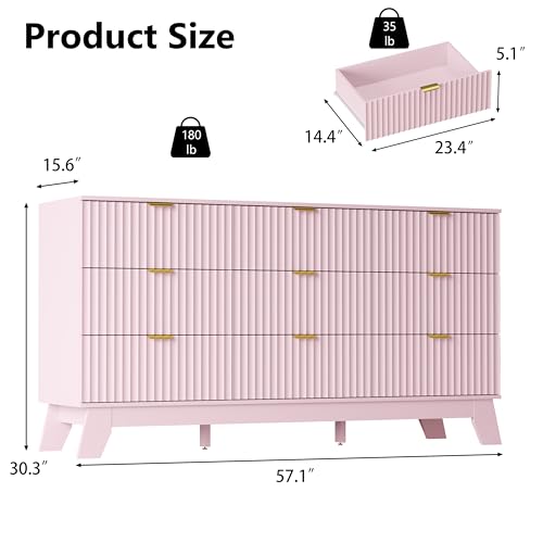 Image of Pink Dresser 9 Drawer Dresser for Bedroom, 57''Wide Fluted Wooden Dresser Storage Cabinet and Chest of Drawers with Metal Handle, Storage Organizer for Living Room, Hallway, Entryway