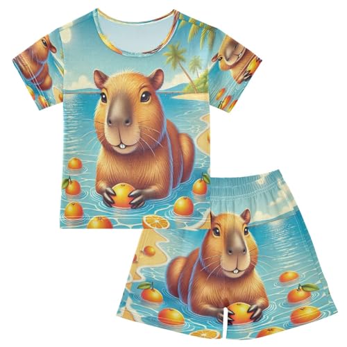 Capybara Summer Beach Oranges Pajama Set Short Sleeve Sleepwear Soft Pajamas Shorts Sets Cotton PJS 5Y
