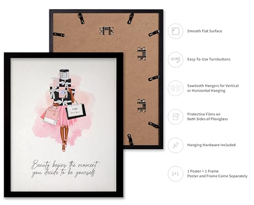 Image of Poster Master Lady with Shopping Bags Poster - Fashion Print - Trendy Art - Modern Art - Gift for Women & Fashionista - Luxury Haute Couture Decor for Bedroom or Girl's Room, 11x14 Black Framed