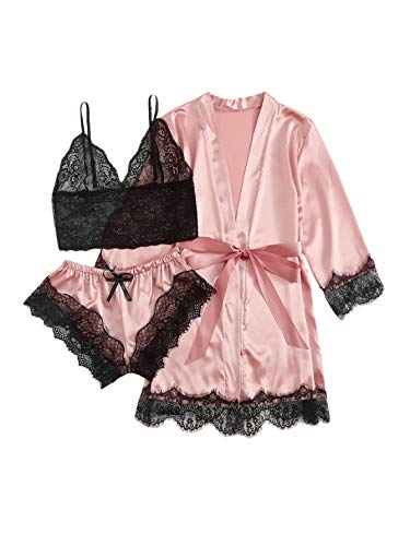 SheIn Women's Sheer Lace Bralette and Striped Shorts Pajama Lingerie Set with Robe Pastel Pink X-Large