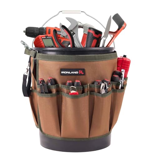 IRONLAND Bucket Tool Organizer Fit 5 Gallon Bucket, 14 Pockets, Bucket Tool Caddy Organization for Garden, Construction, Carpenter, Electrician, Builder Brown