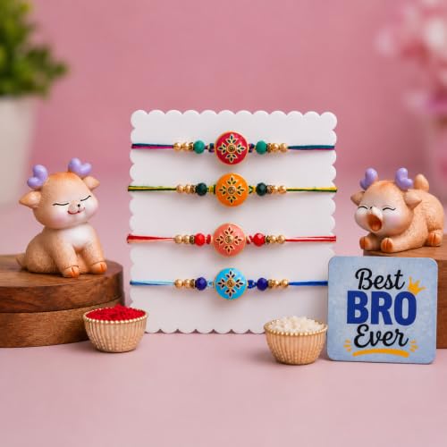 Image of eCraftIndia Set of 4 Designer Rakhi for Brother with Best Bro Ever Fridge Magnet & Cute Deer Showpieces | Premium Beaded Rakhi Set with Roli Chawal | Raksha Bandhan Gift Combo
