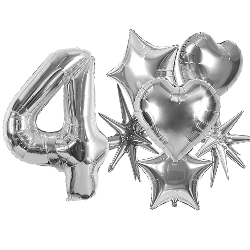 Image of TONIFUL 4th Birthday Balloons Kit 40Inch Silver Large Number 4 Foil Balloon | with 18Inch Helium Mylar Heart Star Balloons for Kids Women Men Birthday Anniversary Graduation New Year Eve Party Decoration