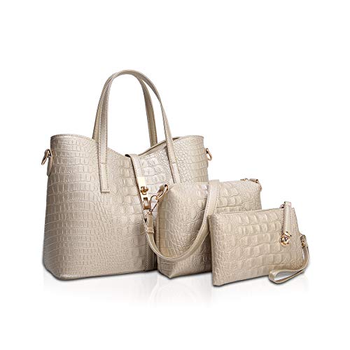 Sac à main femme grand format avec pochette bandoulière assortie style croco or