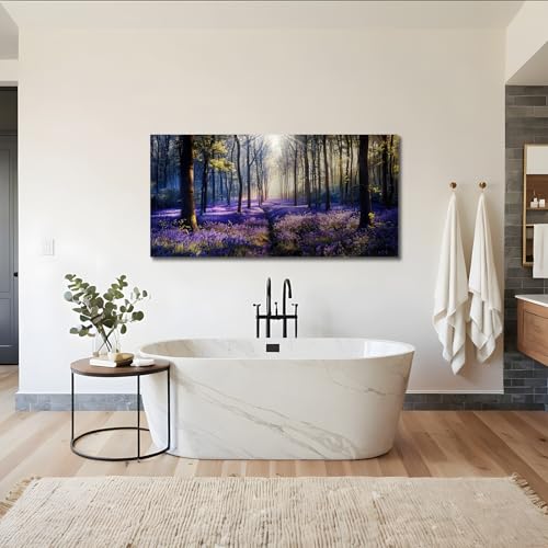 crmotu Purple Landscape Wall Art, Lavender Flower Field Large Artwork, Nature Forest Scenery Canvas Art Prints, Modern Pictures wall Decor Living Room Bedroom, Rustic Farmhouse Decor 24X48 Inches